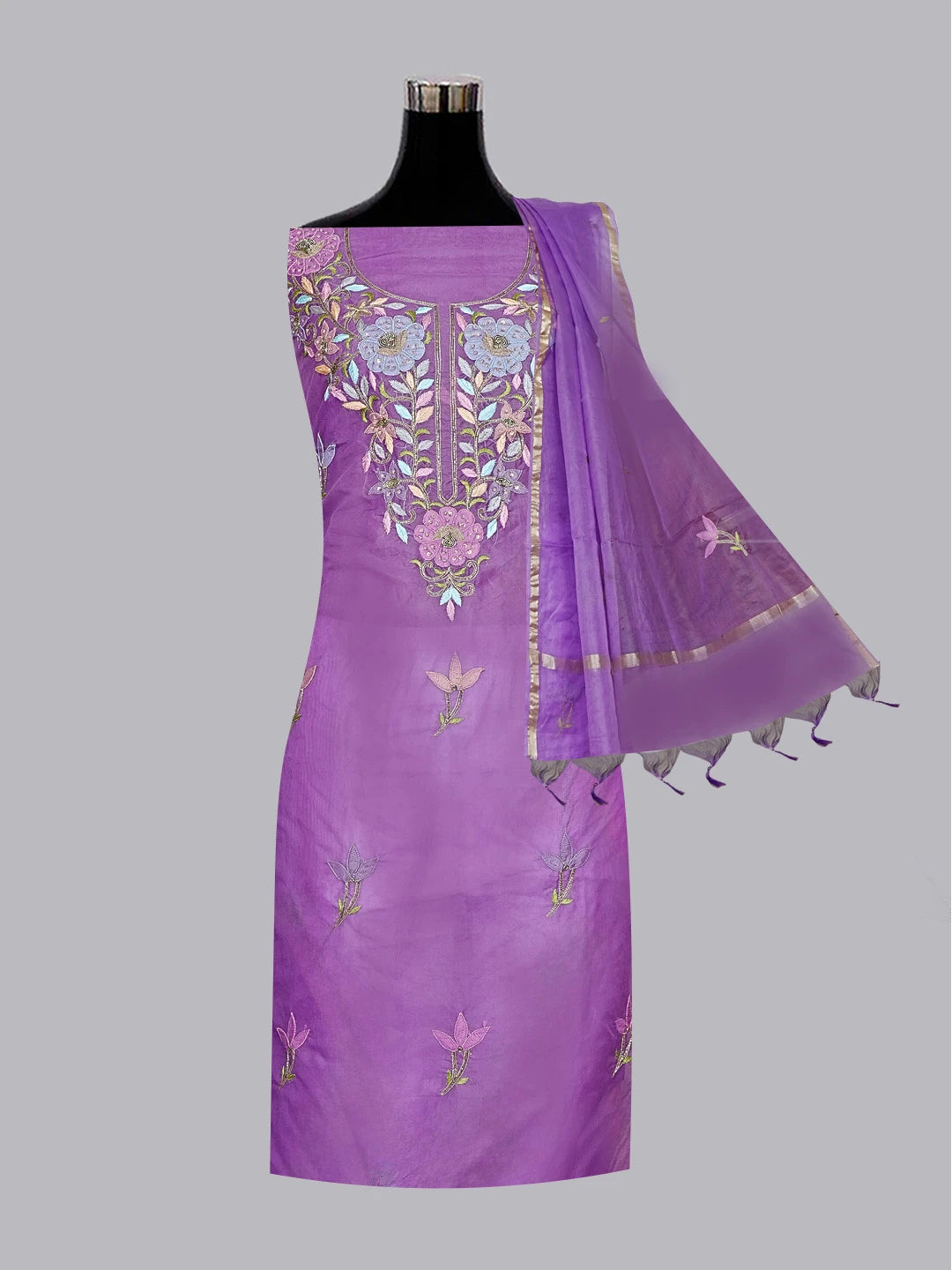 Ada Hand Embroidered Purple Organza Lucknowi Chikankari Unstitched Kurta Dupatta Set With Parsi Work 01A582329