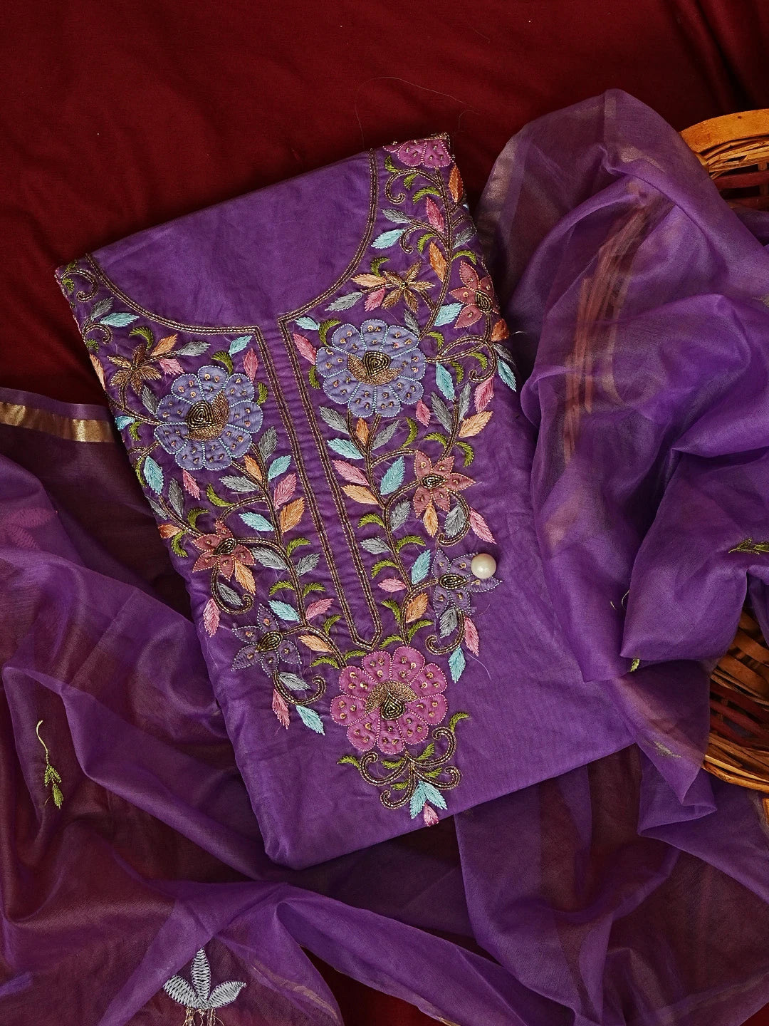 Ada Hand Embroidered Purple Organza Lucknowi Chikankari Unstitched Kurta Dupatta Set With Parsi Work 01A582329