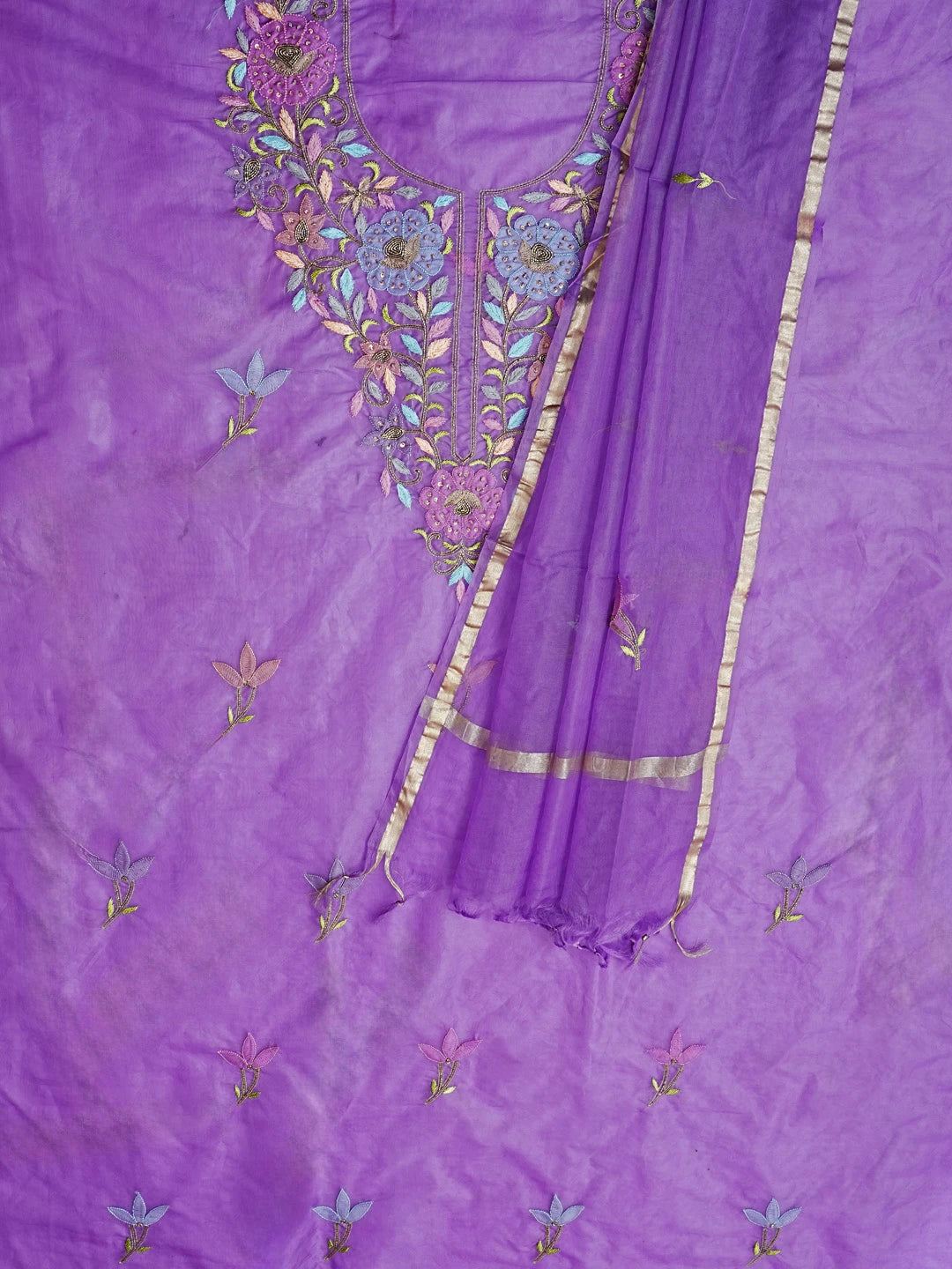 Ada Hand Embroidered Purple Organza Lucknowi Chikankari Unstitched Kurta Dupatta Set With Parsi Work 01A582329