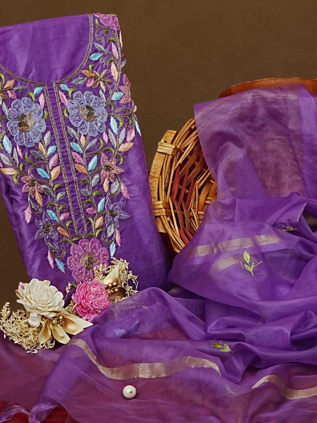 Ada Hand Embroidered Purple Organza Lucknowi Chikankari Unstitched Kurta Dupatta Set With Parsi Work 01A582329