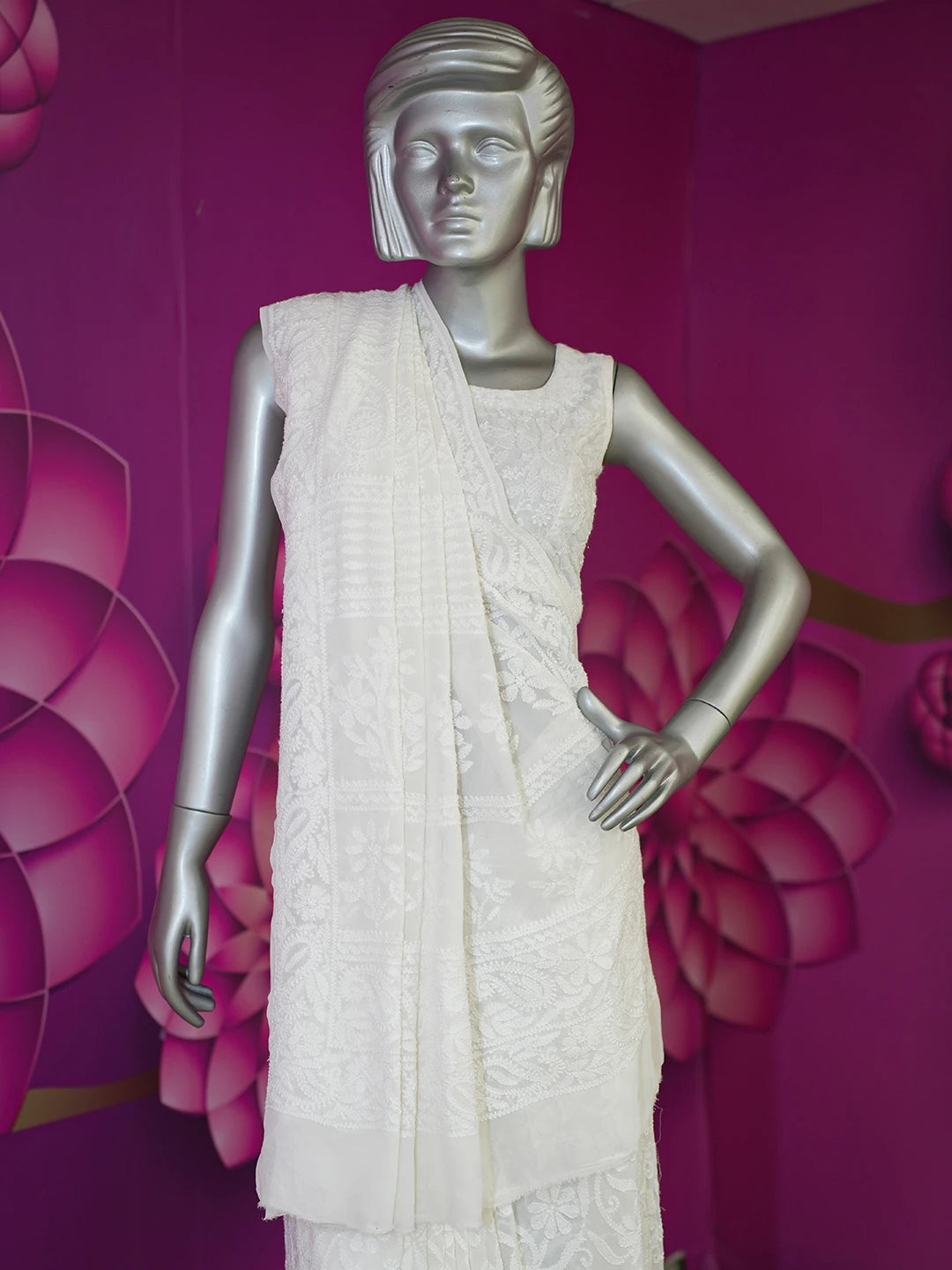 Ada Hand Embroidered White Pure Georgette Lucknowi Chikankari Saree with Blouse 01A580356