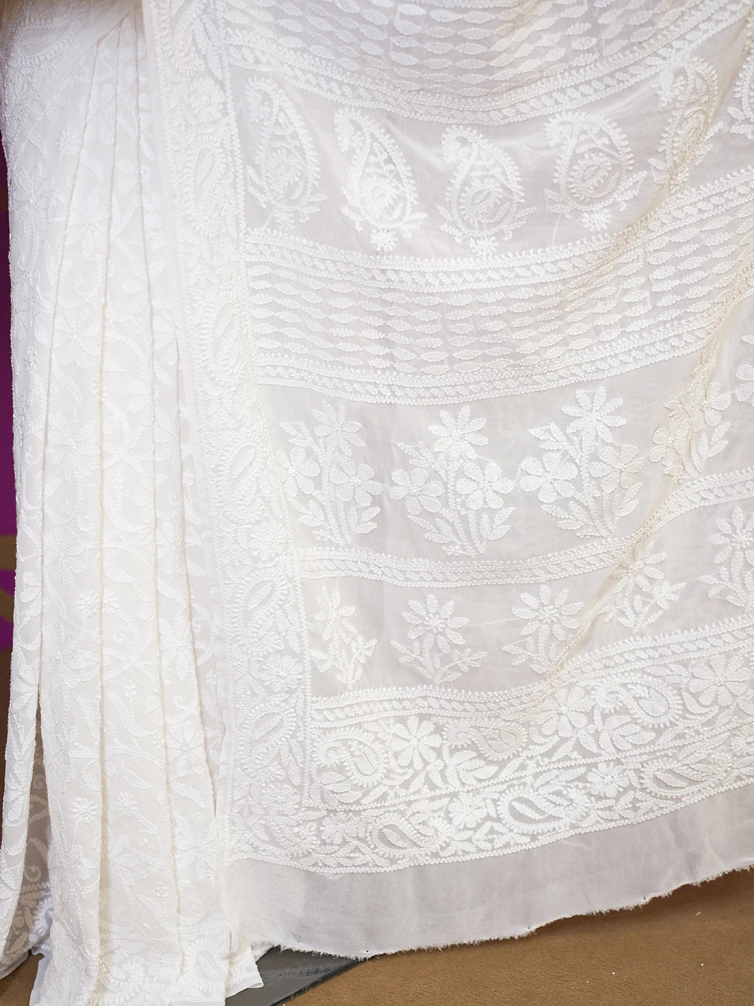 Ada Hand Embroidered White Pure Georgette Lucknowi Chikankari Saree with Blouse 01A580356