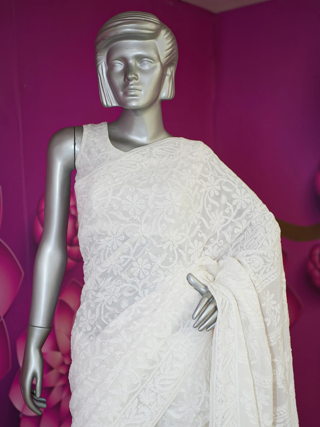 Ada Hand Embroidered White Pure Georgette Lucknowi Chikankari Saree with Blouse 01A580356