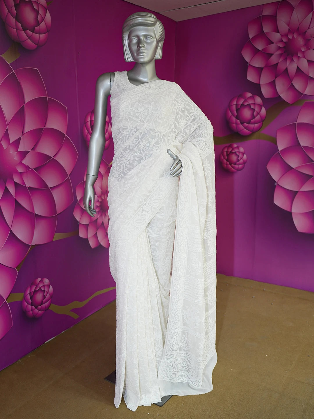 Ada Hand Embroidered White Pure Georgette Lucknowi Chikankari Saree with Blouse 01A580356