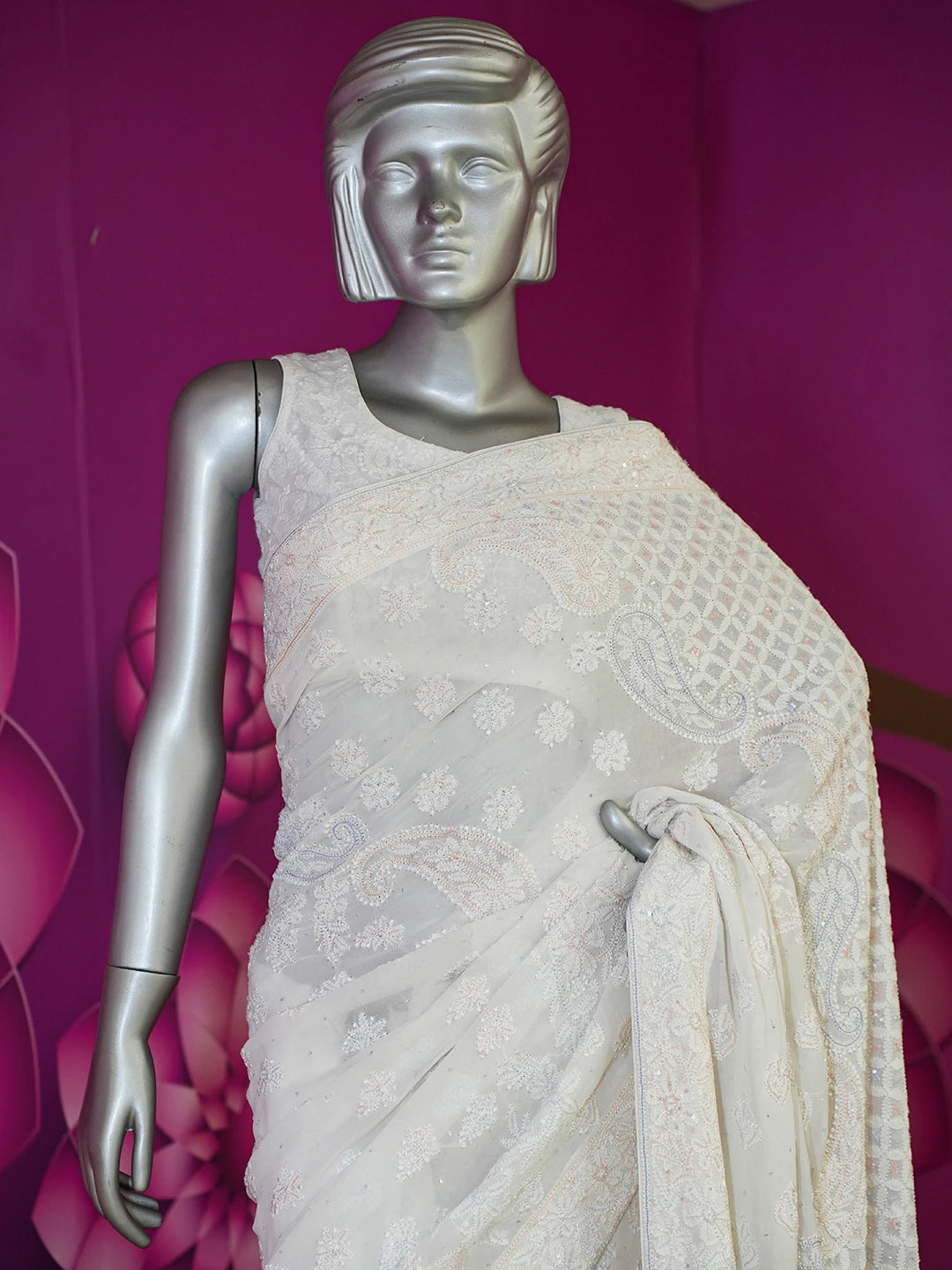 Ada Hand Embroidered Off White Pure Georgette Lucknowi Chikankari Saree/Blouse With Cutdana Work 01A512974