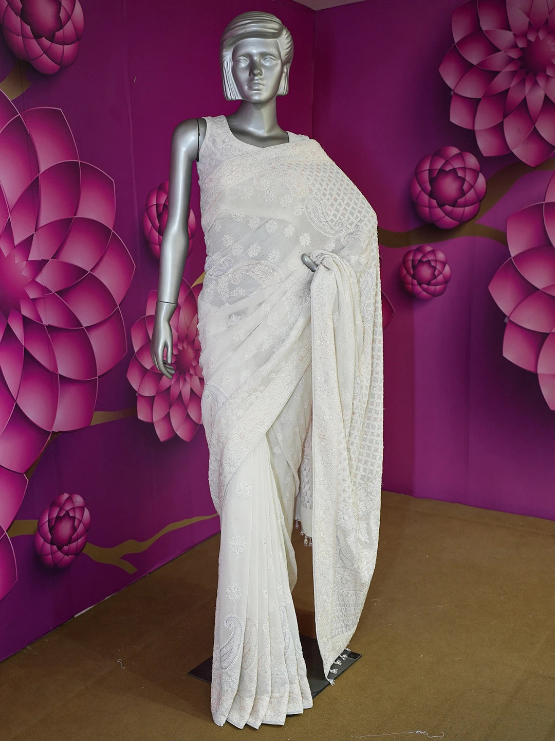 Ada Hand Embroidered Off White Pure Georgette Lucknowi Chikankari Saree/Blouse With Cutdana Work 01A512974