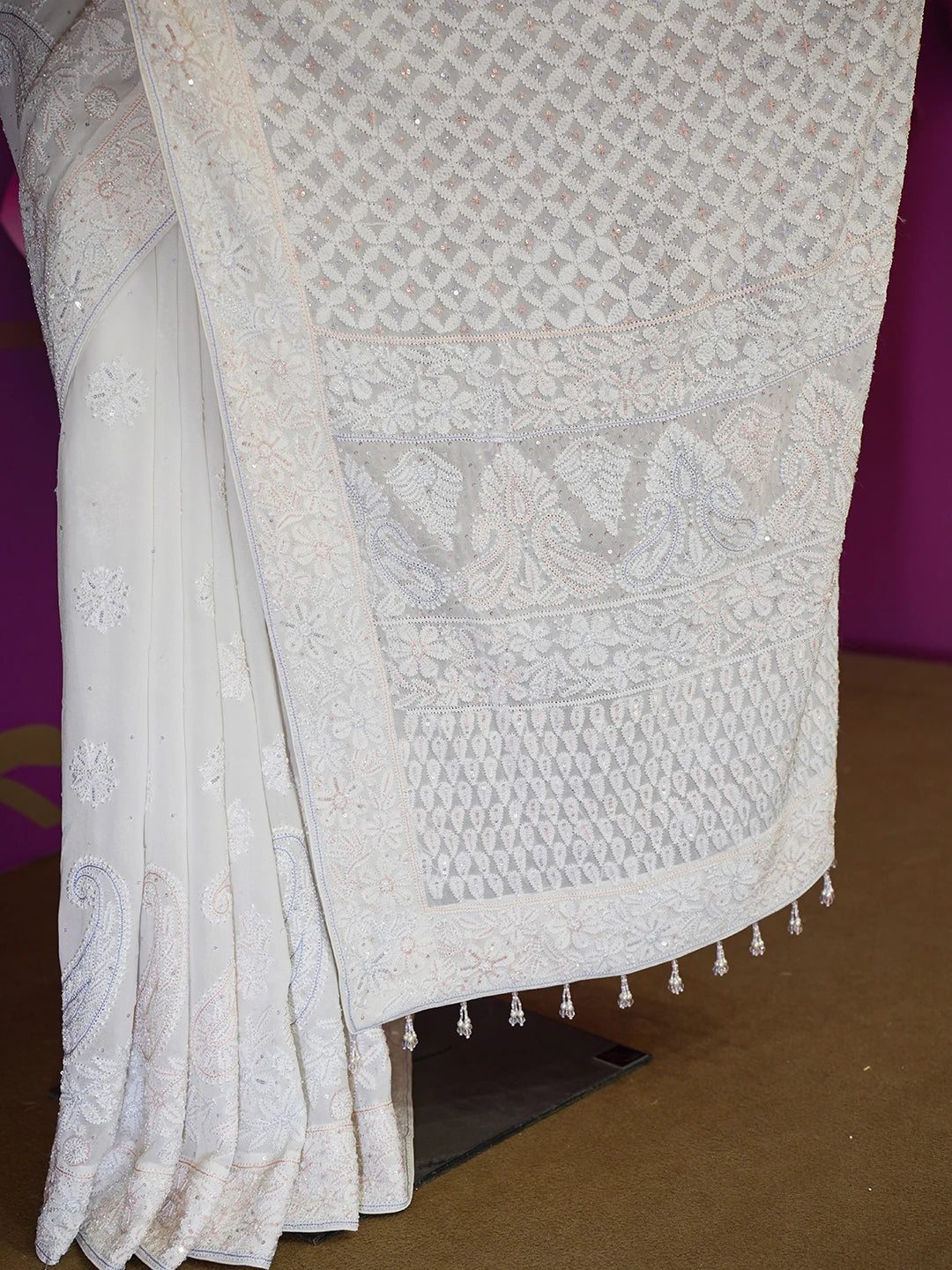 Ada Hand Embroidered Off White Pure Georgette Lucknowi Chikankari Saree/Blouse With Cutdana Work 01A512974