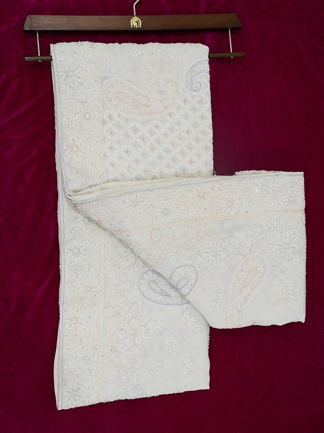 Ada Hand Embroidered Off White Pure Georgette Lucknowi Chikankari Saree/Blouse With Cutdana Work 01A512974