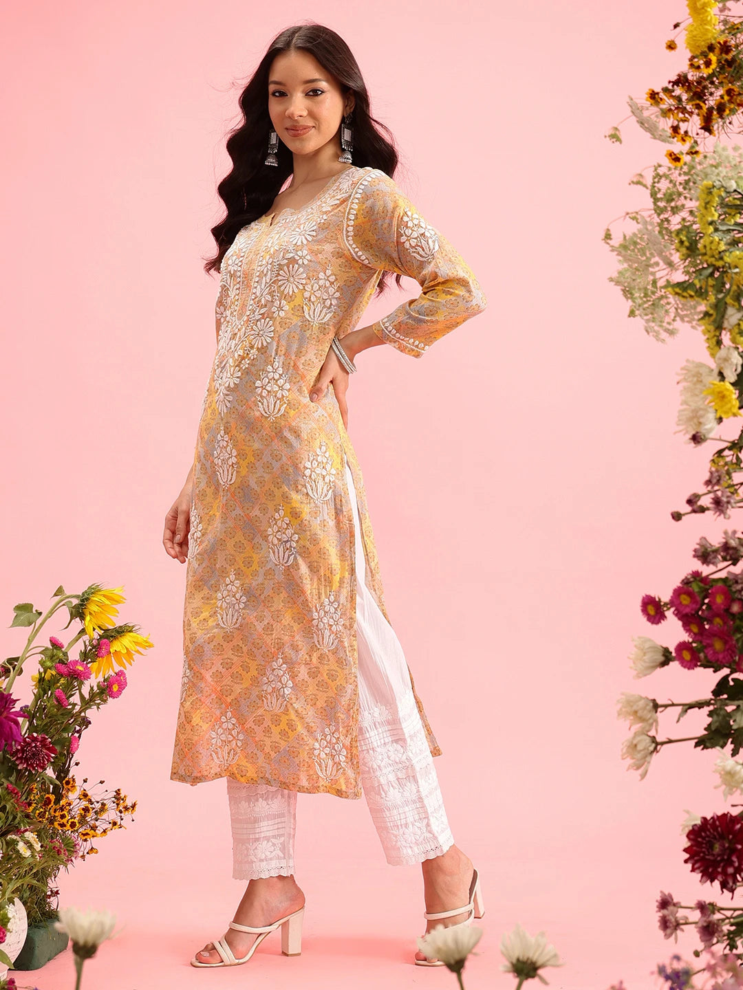 Ada Hand Embroidered Printed Yellow Mulmul Cotton Lucknowi Chikankari Straight Kurta A411644