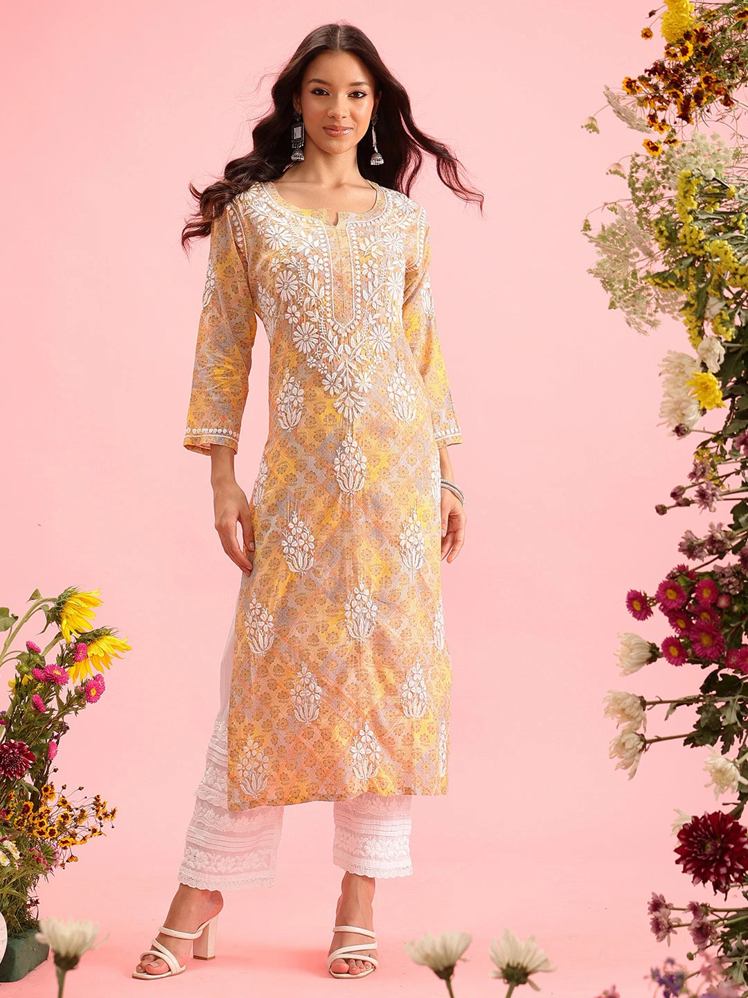 Ada Hand Embroidered Printed Yellow Mulmul Cotton Lucknowi Chikankari Straight Kurta A411644
