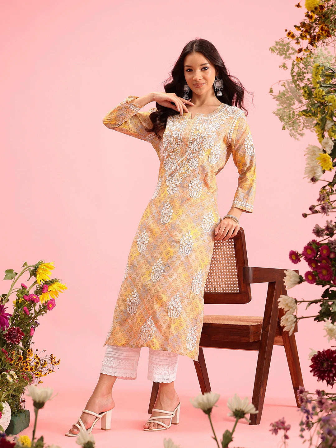Ada Hand Embroidered Printed Yellow Mulmul Cotton Lucknowi Chikankari Straight Kurta A411644