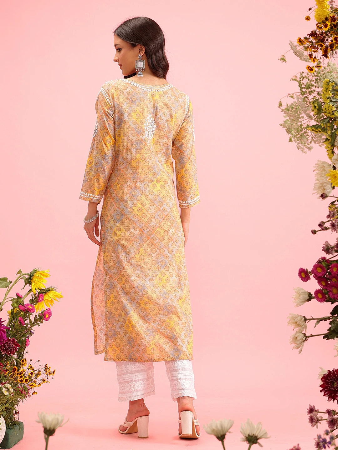 Ada Hand Embroidered Printed Yellow Mulmul Cotton Lucknowi Chikankari Straight Kurta A411644