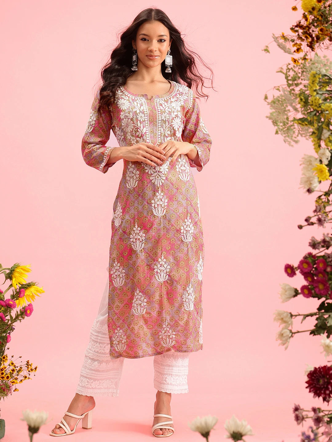 Ada Hand Embroidered Printed Pink Mulmul Cotton Lucknowi Chikankari Straight Kurta A411645