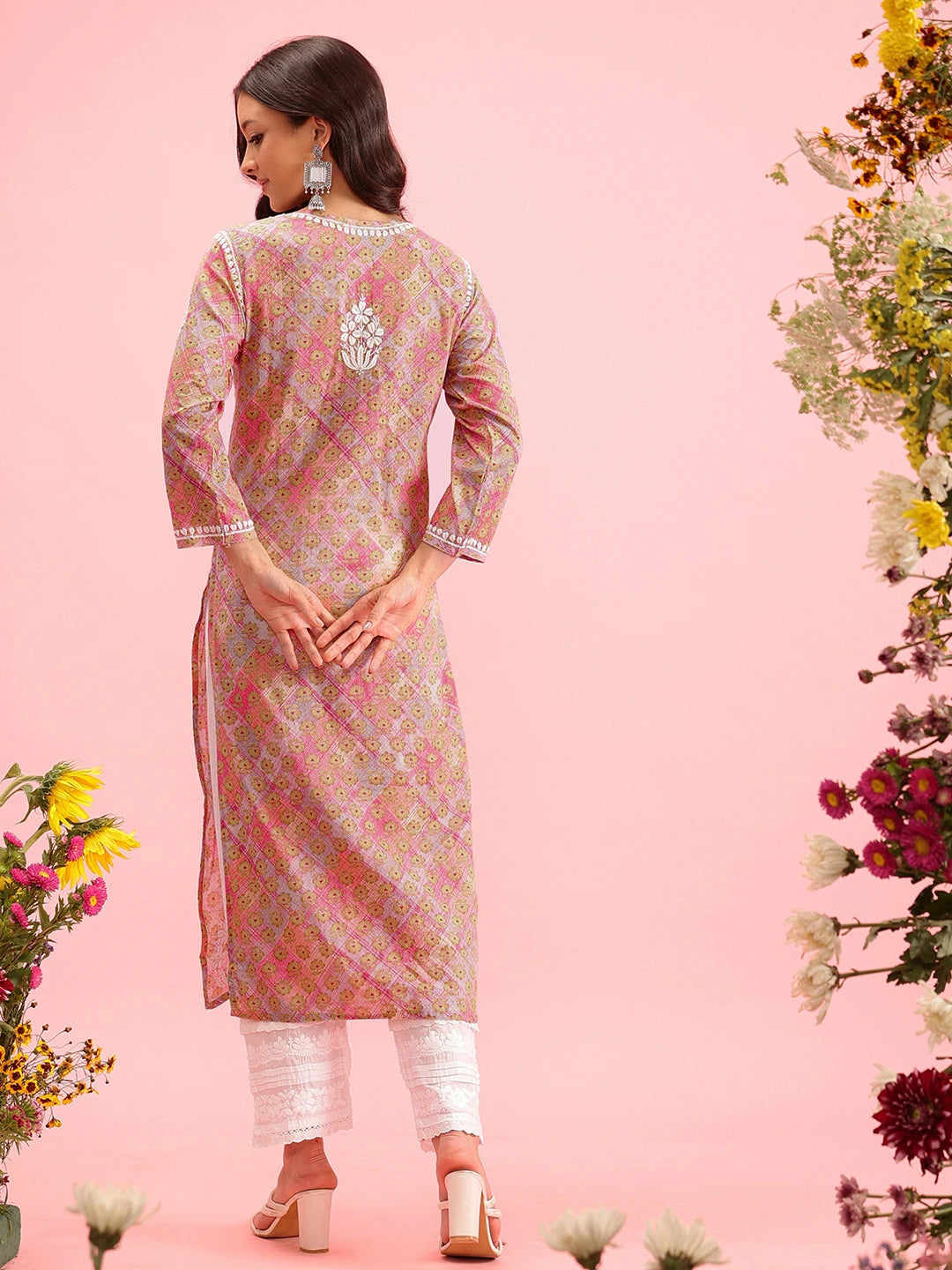 Ada Hand Embroidered Printed Pink Mulmul Cotton Lucknowi Chikankari Straight Kurta A411645