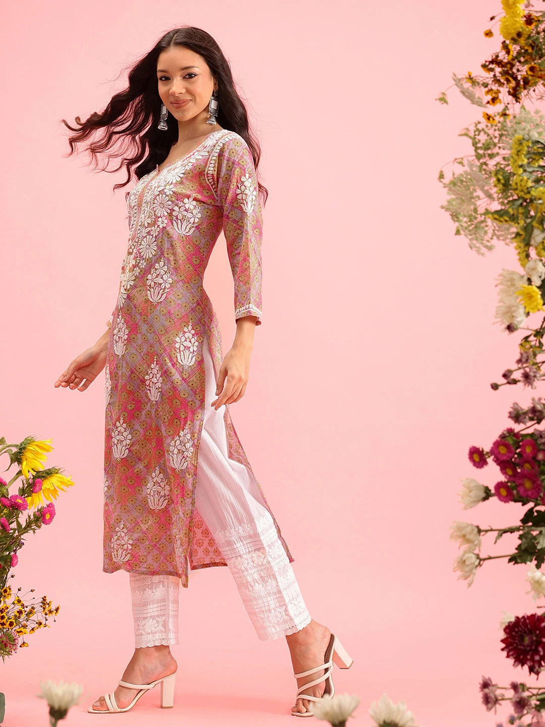 Ada Hand Embroidered Printed Pink Mulmul Cotton Lucknowi Chikankari Straight Kurta A411645