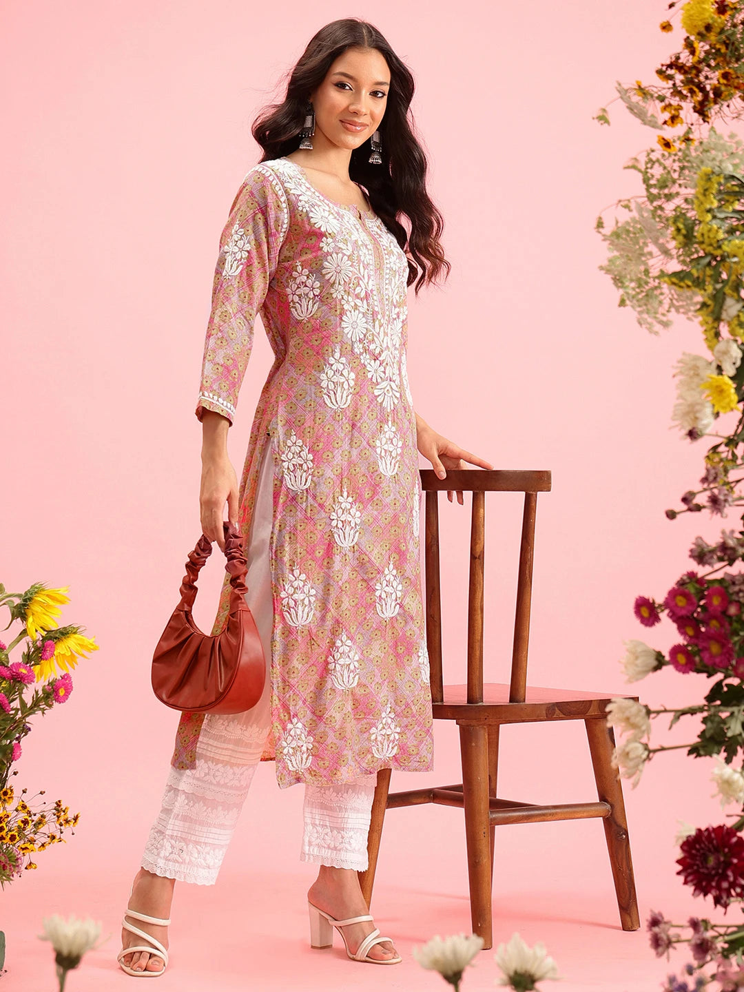 Ada Hand Embroidered Printed Pink Mulmul Cotton Lucknowi Chikankari Straight Kurta A411645
