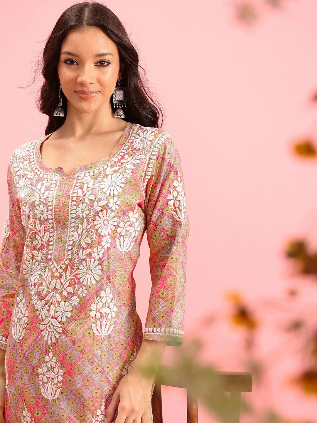 Ada Hand Embroidered Printed Pink Mulmul Cotton Lucknowi Chikankari Straight Kurta A411645