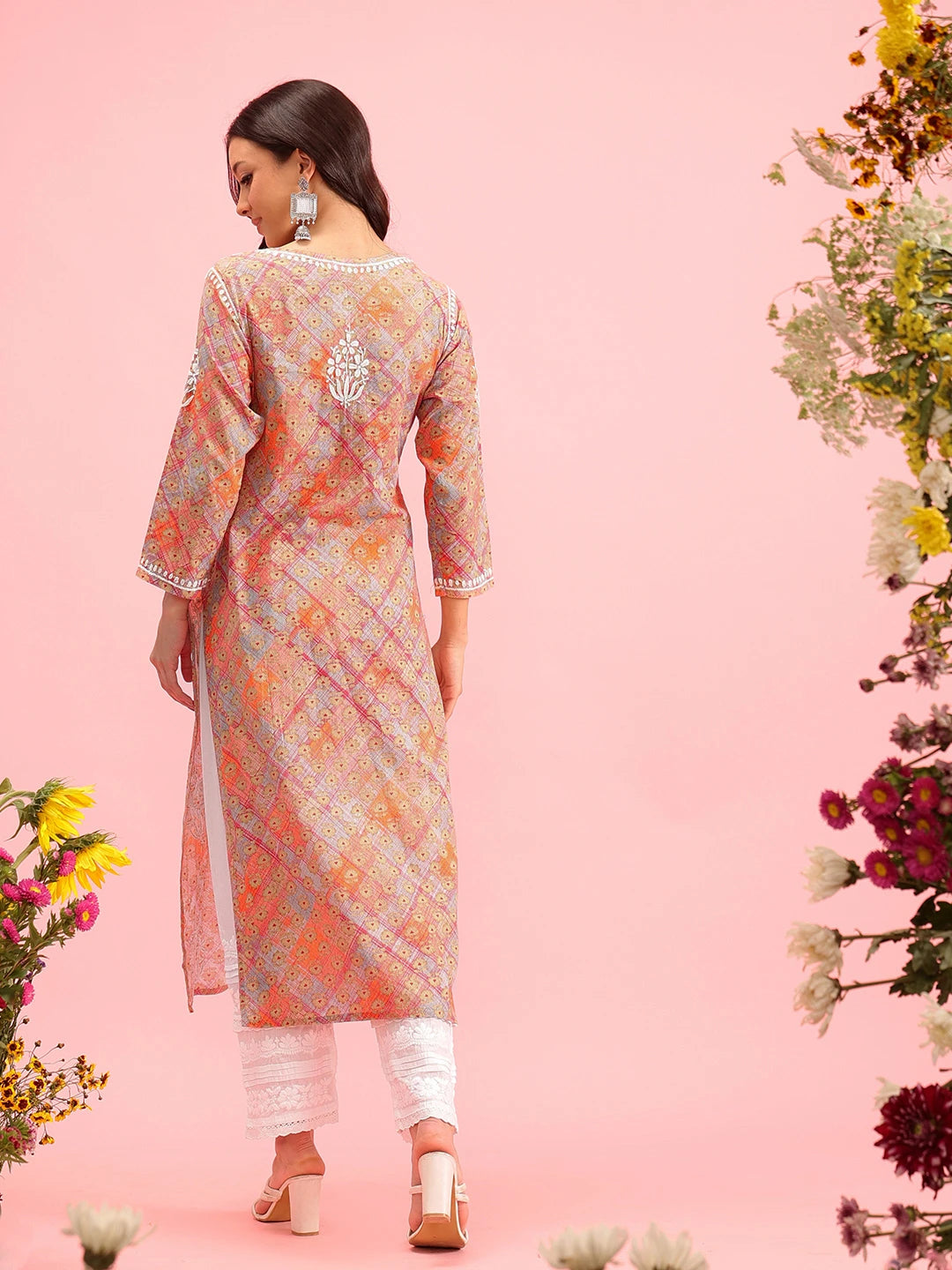 Ada Hand Embroidered Printed Orange Mulmul Cotton Lucknowi Chikankari Straight Kurta A411646