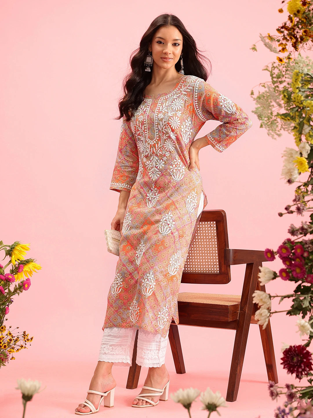 Ada Hand Embroidered Printed Orange Mulmul Cotton Lucknowi Chikankari Straight Kurta A411646