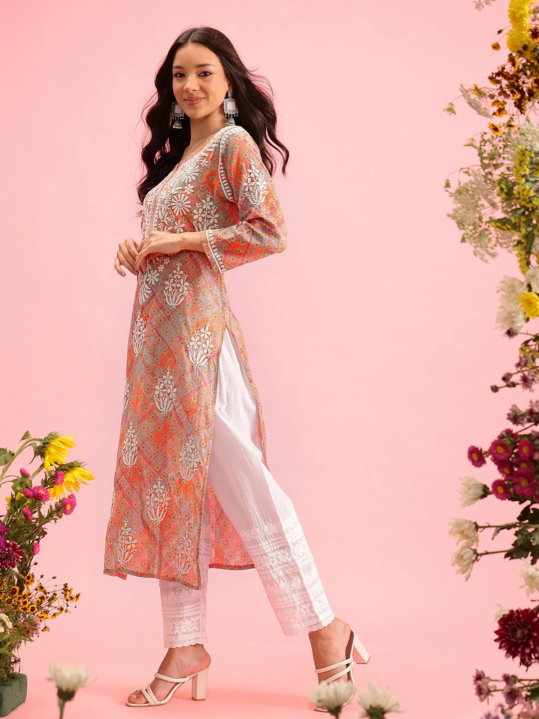 Ada Hand Embroidered Printed Orange Mulmul Cotton Lucknowi Chikankari Straight Kurta A411646