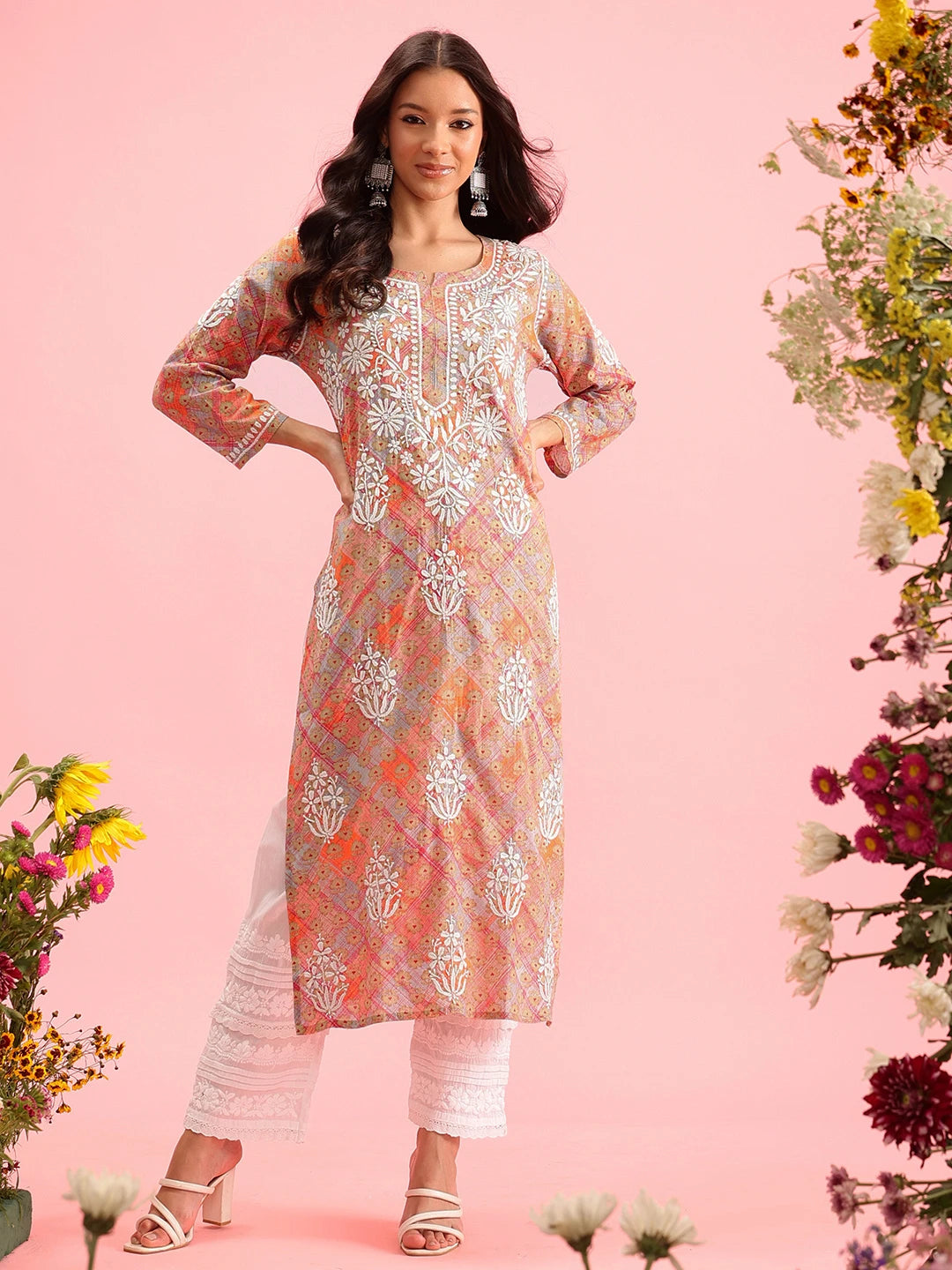 Ada Hand Embroidered Printed Orange Mulmul Cotton Lucknowi Chikankari Straight Kurta A411646