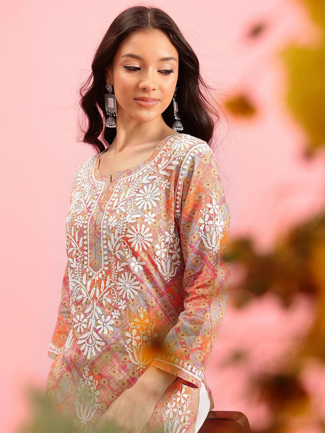 Ada Hand Embroidered Printed Orange Mulmul Cotton Lucknowi Chikankari Straight Kurta A411646