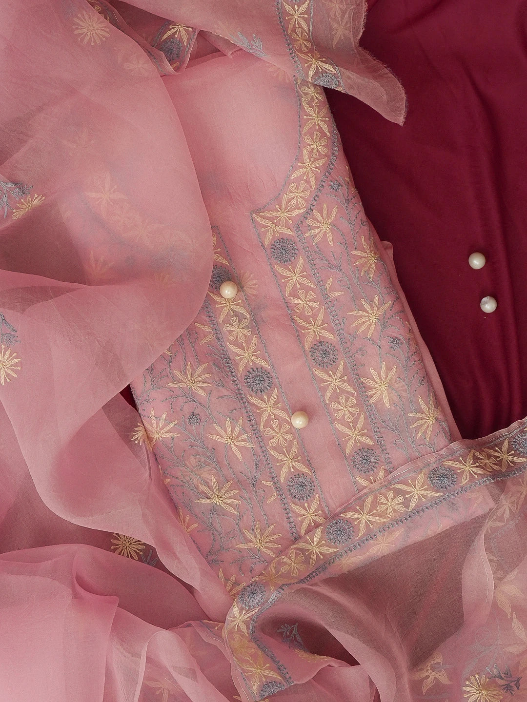 Ada Hand Embroidered Pink Organza Lucknowi Chikankari Unstitched Kurta Dupatta Set With Tepchi Work 01A580479