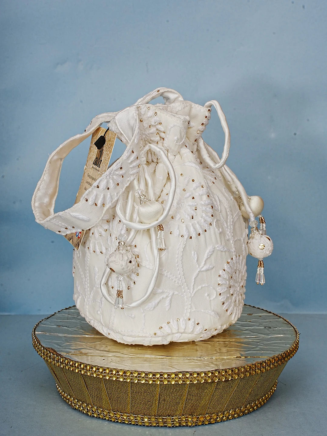 Ada Hand Embroidered White Pure Georgette Lucknowi Chikankari Potli Bag With Muqaish Work 01A580847