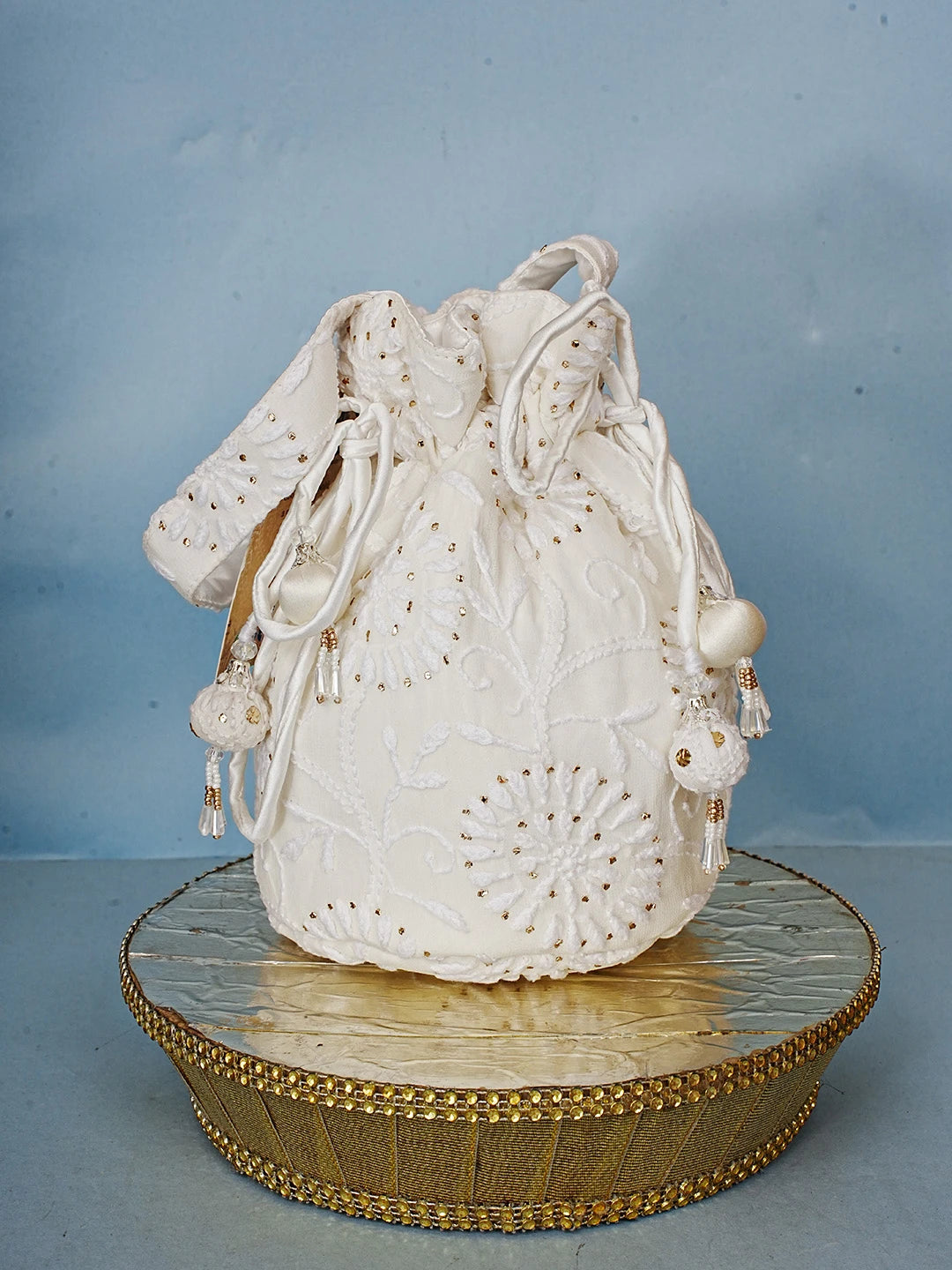 Ada Hand Embroidered White Pure Georgette Lucknowi Chikankari Potli Bag With Muqaish Work 01A580847