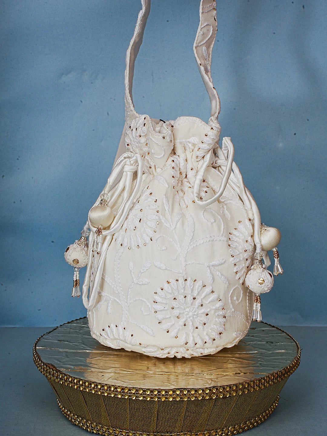 Ada Hand Embroidered White Pure Georgette Lucknowi Chikankari Potli Bag With Muqaish Work 01A580847