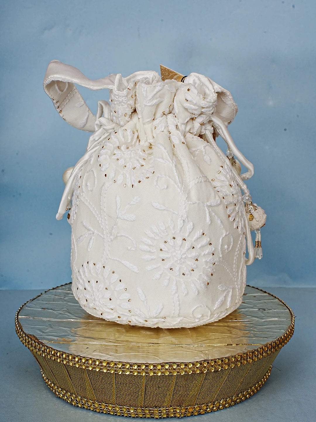 Ada Hand Embroidered White Pure Georgette Lucknowi Chikankari Potli Bag With Muqaish Work 01A580847