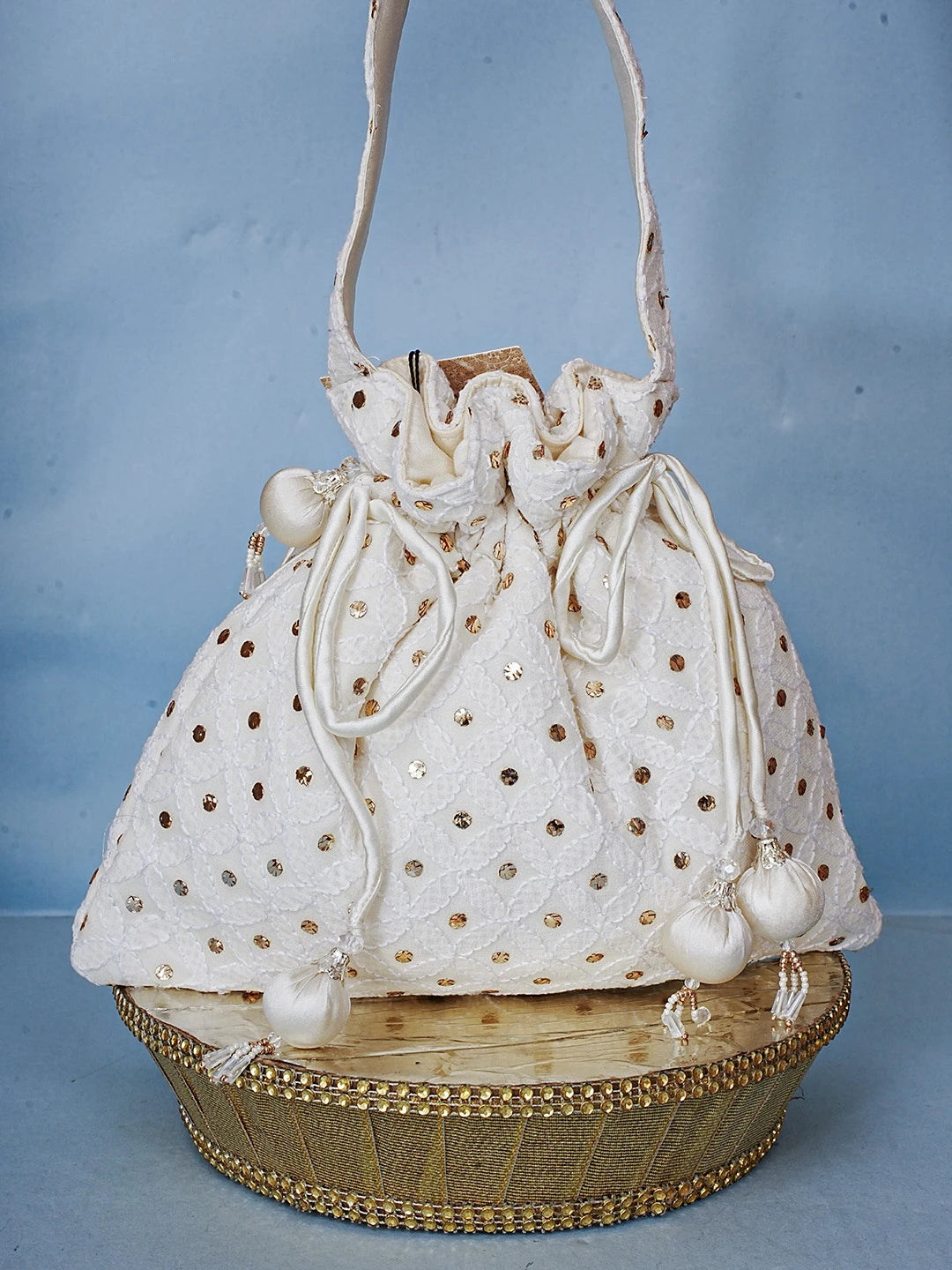 Ada Hand Embroidered White Pure Georgette Lucknowi Chikankari Potli Bag With Muqaish Work 01A584827
