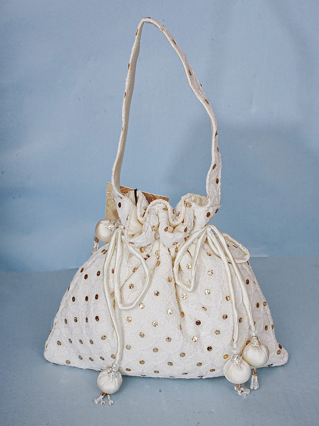 Ada Hand Embroidered White Pure Georgette Lucknowi Chikankari Potli Bag With Muqaish Work 01A584827