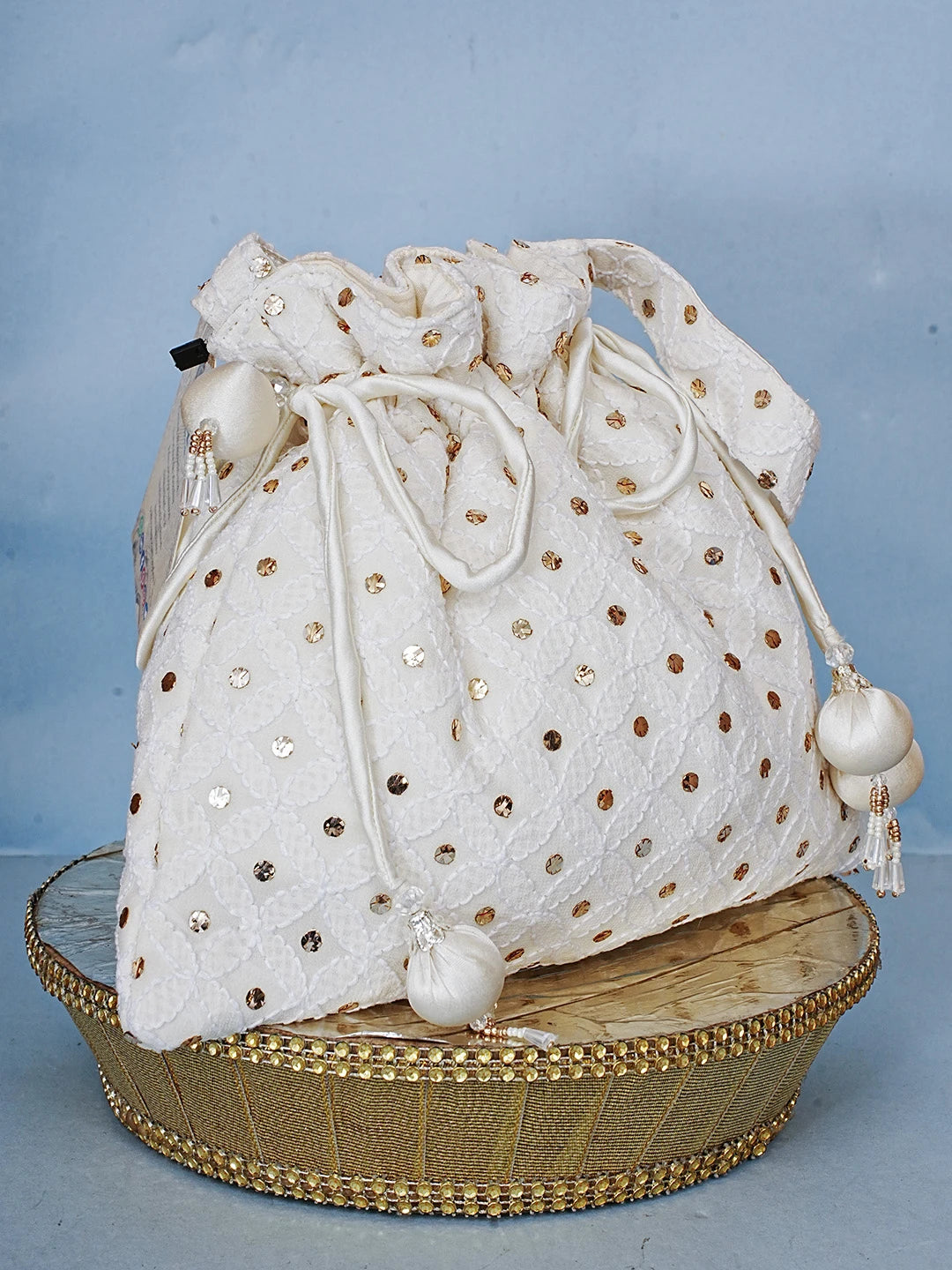 Ada Hand Embroidered White Pure Georgette Lucknowi Chikankari Potli Bag With Muqaish Work 01A584827
