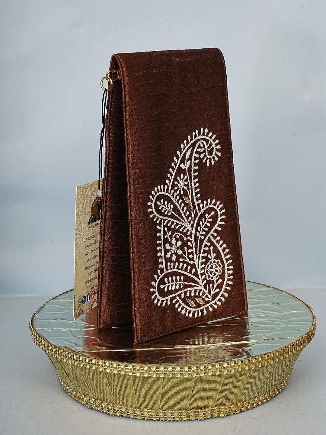 Ada Hand Embroidered Brown Silk Chanderi Lucknowi Chikankari Mobile Cover With Zari Work 01A578224