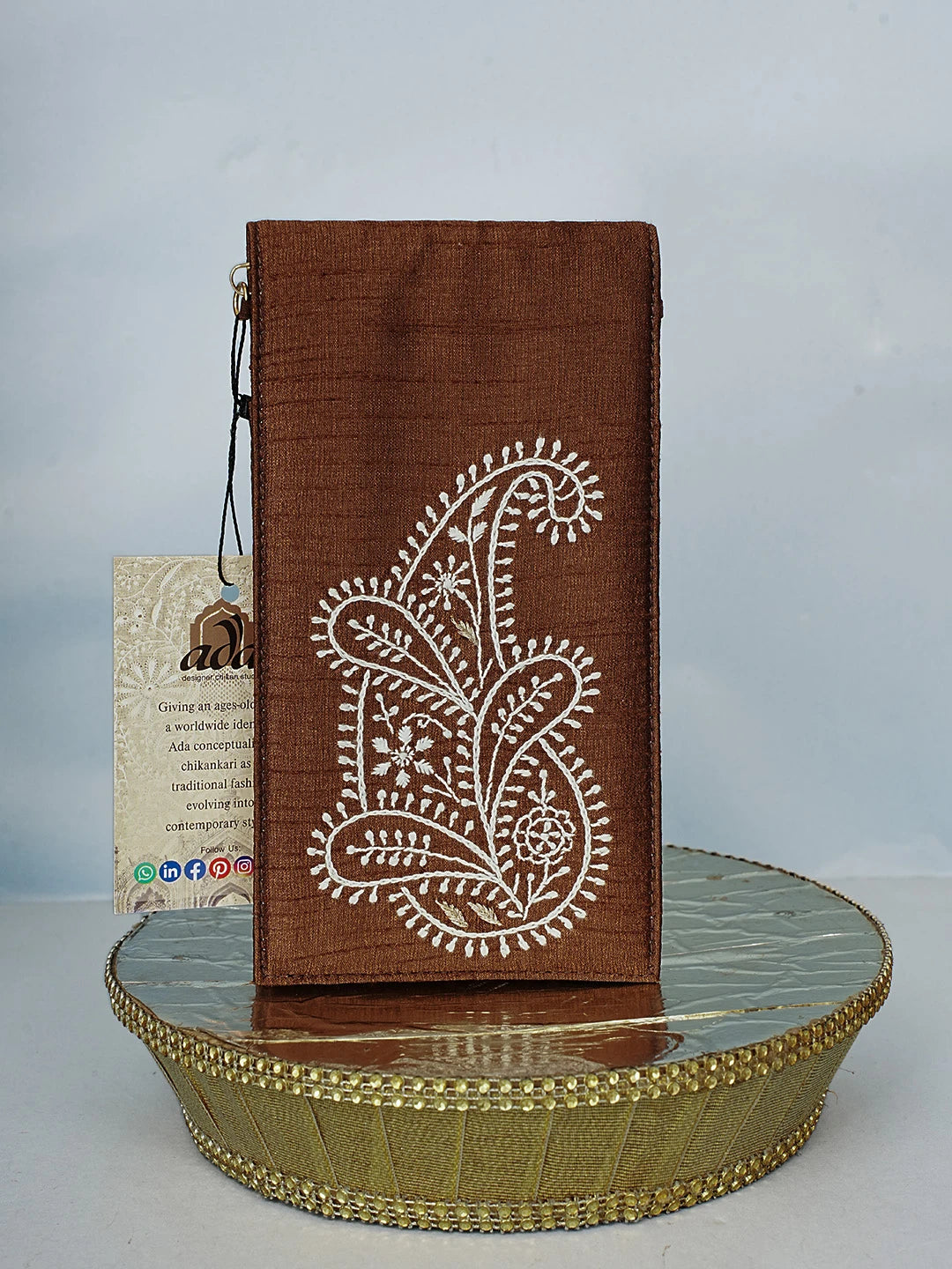Ada Hand Embroidered Brown Silk Chanderi Lucknowi Chikankari Mobile Cover With Zari Work 01A578224