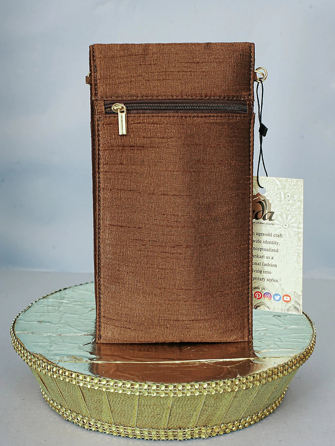 Ada Hand Embroidered Brown Silk Chanderi Lucknowi Chikankari Mobile Cover With Zari Work 01A578224