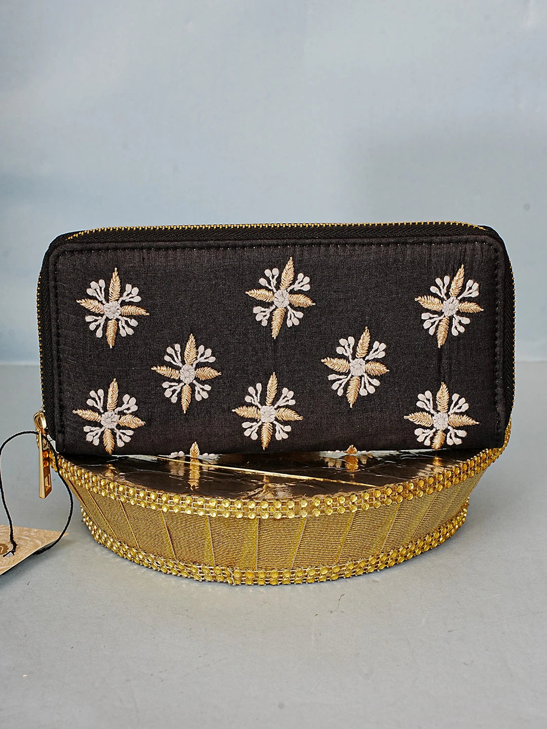 Ada Hand Embroidered Black Silk Lucknowi Chikankari Clutch With Zari Work 01A582479