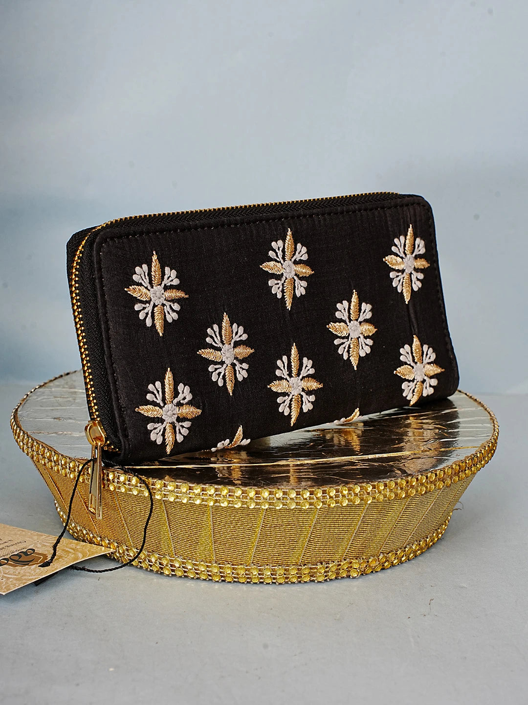 Ada Hand Embroidered Black Silk Lucknowi Chikankari Clutch With Zari Work 01A582479