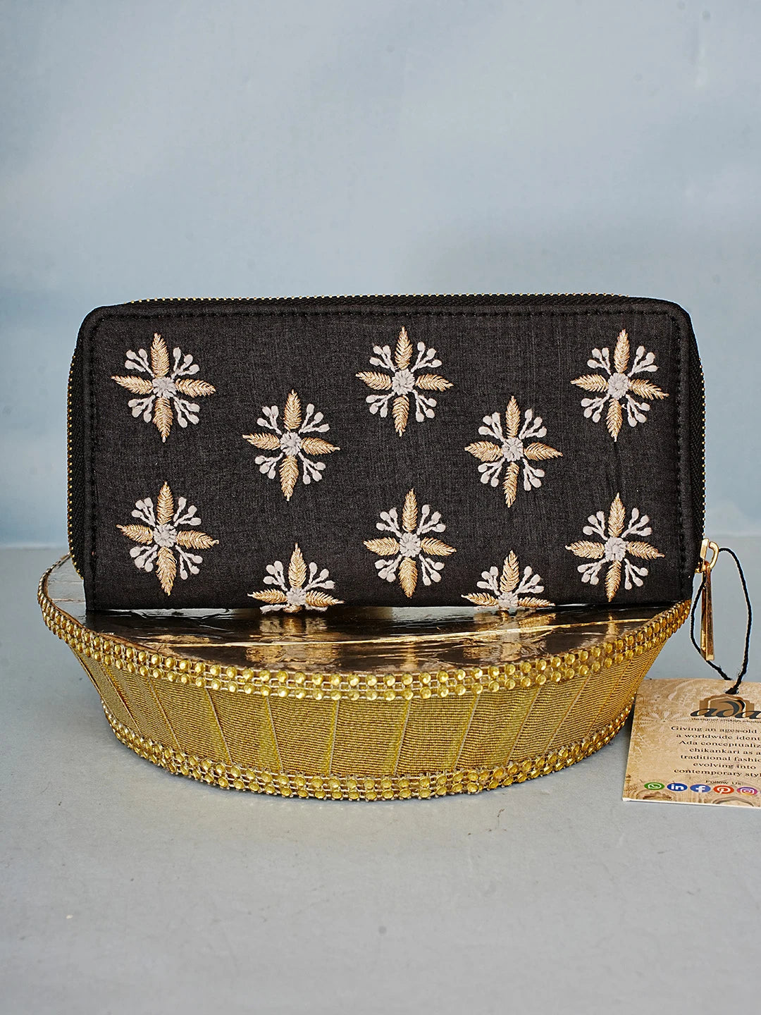 Ada Hand Embroidered Black Silk Lucknowi Chikankari Clutch With Zari Work 01A582479