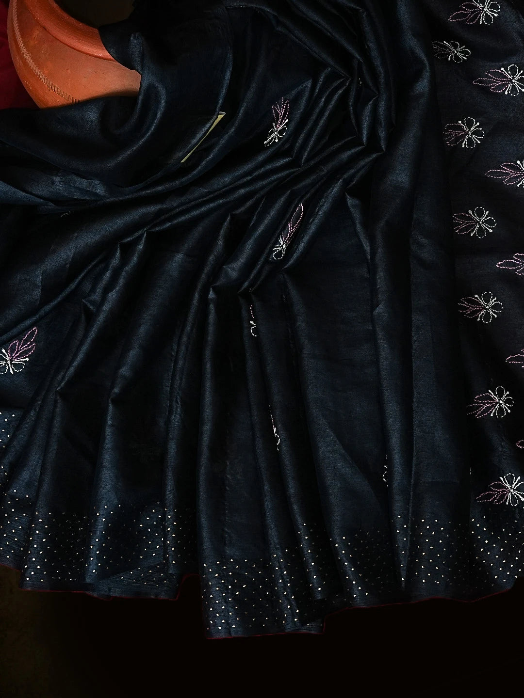 Ada Hand Embroidered Black Silk Lucknowi Chikankari Saree/Blouse with Mukaish Work 0A591612