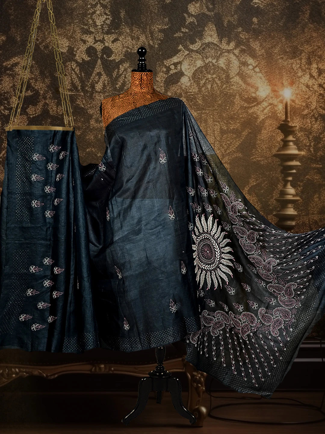 Ada Hand Embroidered Black Silk Lucknowi Chikankari Saree/Blouse with Mukaish Work 0A591612