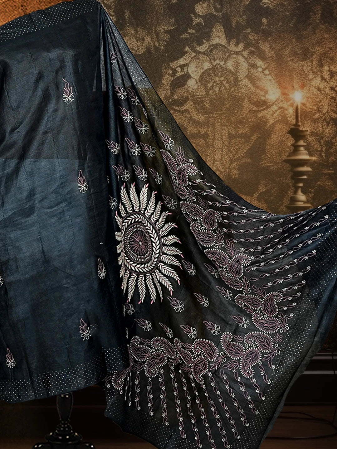 Ada Hand Embroidered Black Silk Lucknowi Chikankari Saree/Blouse with Mukaish Work 0A591612