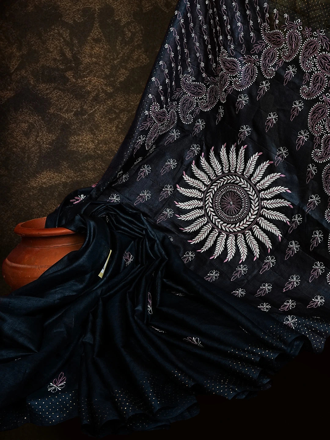 Ada Hand Embroidered Black Silk Lucknowi Chikankari Saree/Blouse with Mukaish Work 0A591612
