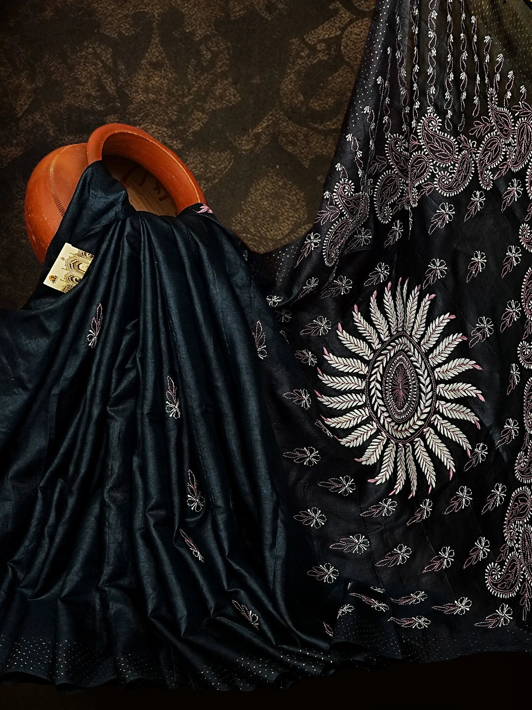 Ada Hand Embroidered Black Silk Lucknowi Chikankari Saree/Blouse with Mukaish Work 0A591612