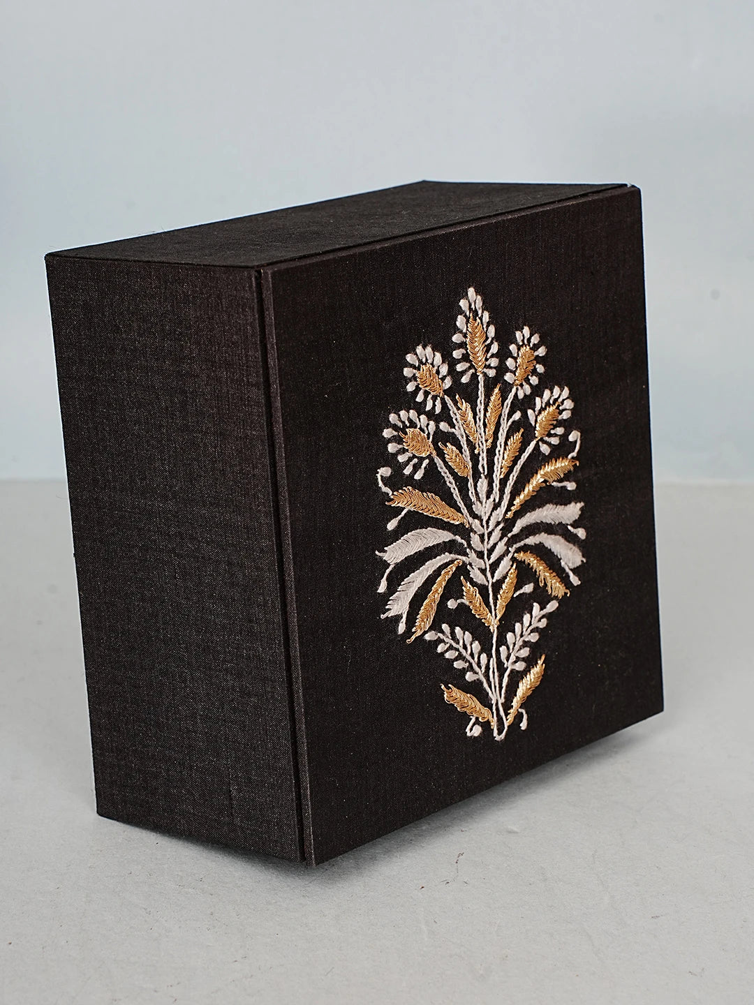 Ada Hand Embroidered Black Silk Lucknowi Chikankari Utility Box With Zari Work 01A589751