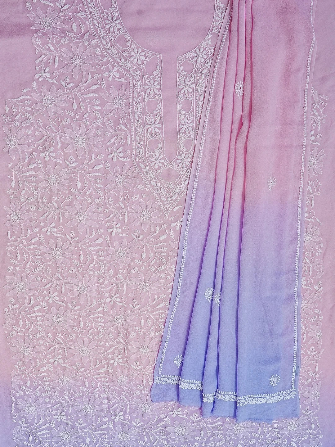 Ada Hand Embroidered Pink Pure Georgette Lucknowi Chikankari Unstitched Kurta Dupatta Set 01A590713