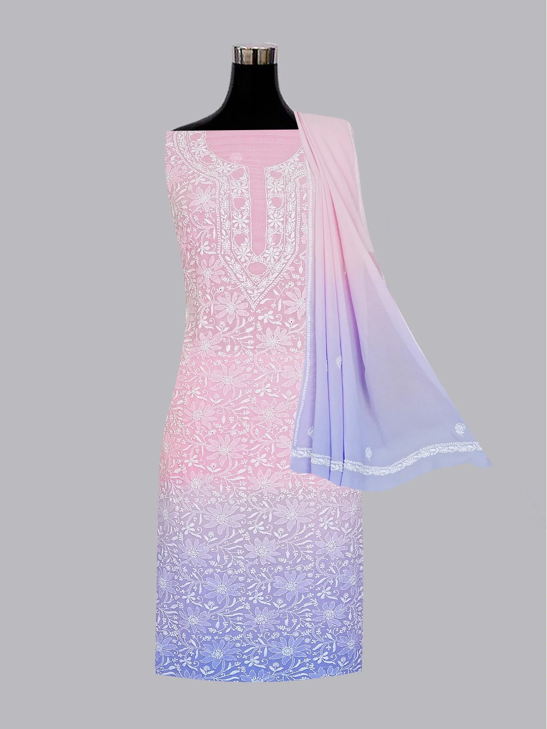 Ada Hand Embroidered Pink Pure Georgette Lucknowi Chikankari Unstitched Kurta Dupatta Set 01A590713