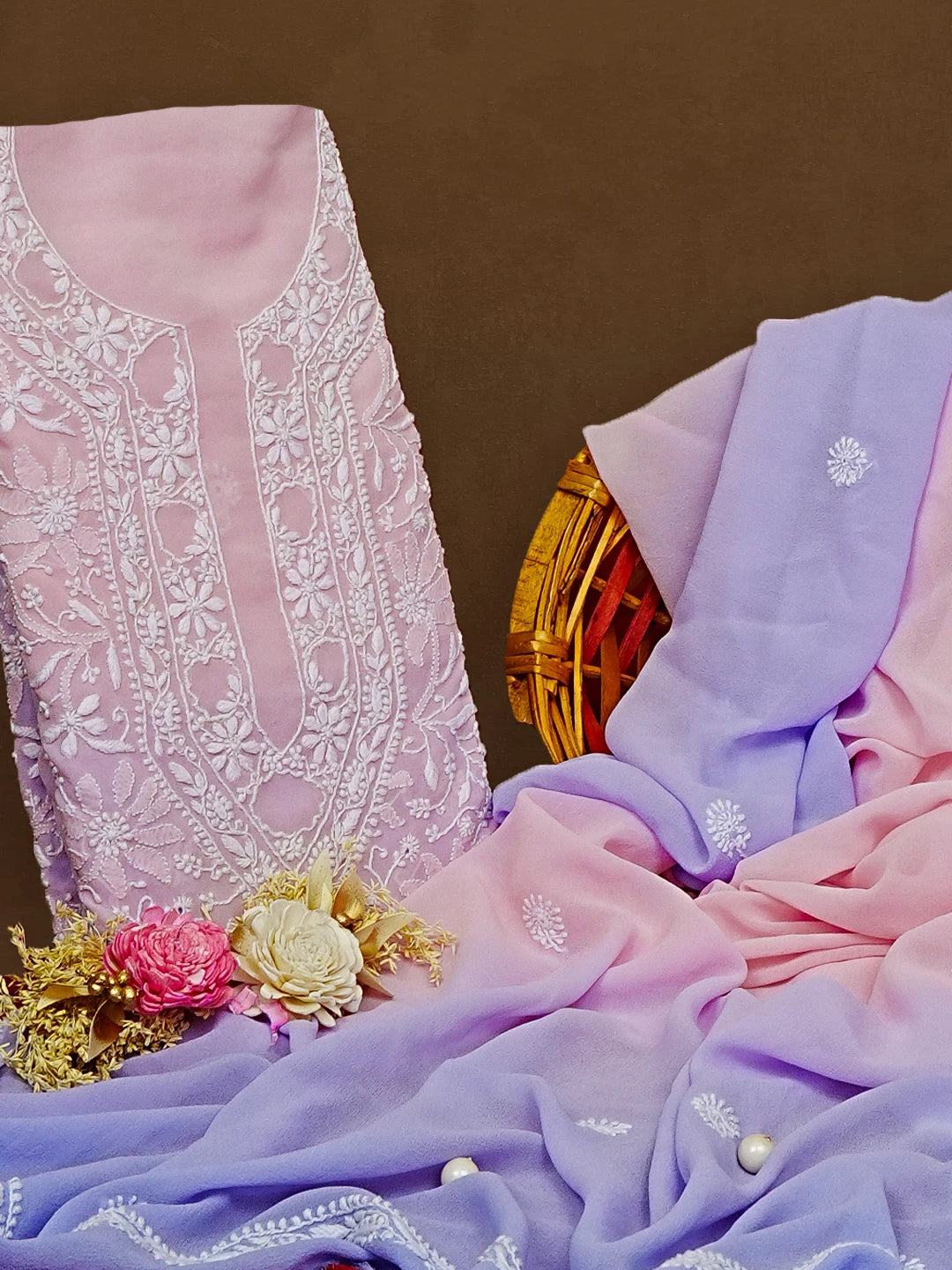 Ada Hand Embroidered Pink Pure Georgette Lucknowi Chikankari Unstitched Kurta Dupatta Set 01A590713
