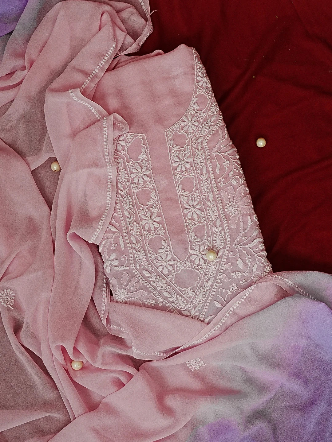 Ada Hand Embroidered Pink Pure Georgette Lucknowi Chikankari Unstitched Kurta Dupatta Set 01A590713